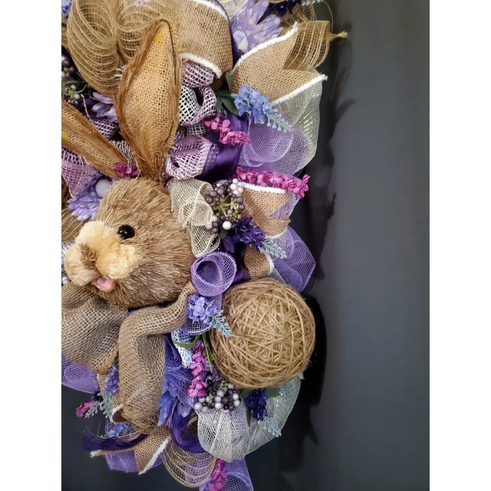 Easter Bunny Bow Ribbon Wicker Purple Handmade Wreath Decor 29